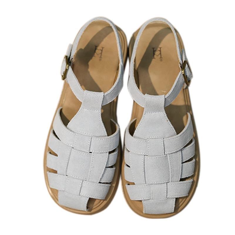 Roman Sandals Women's 2025 Summer Breathable Leather Outer Wear Retro Hollow Flat Bottom Not Tired Feet with Skirt Beach Shoes