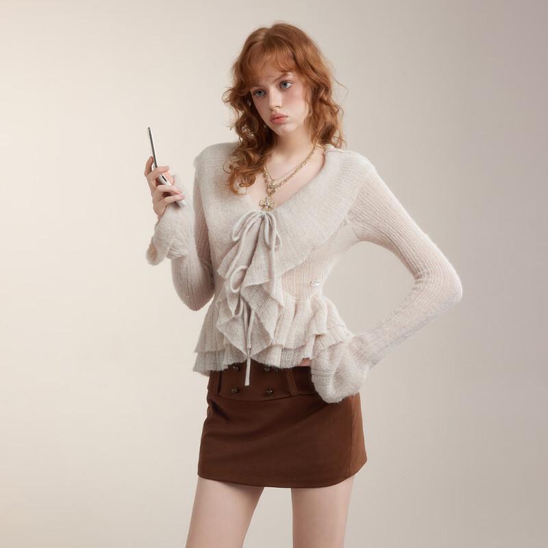 unifree Women's Ruffled V-Neck Knit Cardigan