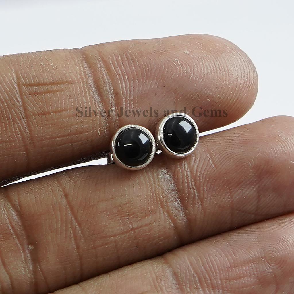 Round Black Onyx Stud Earrings, 925 Sterling Silver Studs, Tiny Onyx Studs, Anniversary Gift, December Birthstone, Handmade Studs