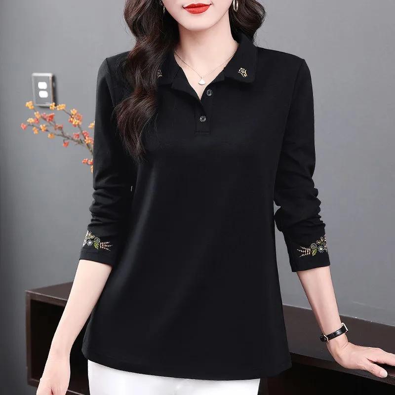 Women's Spring/Autumn Long-Sleeved Collared Oversized T-Shirt for Middle-Aged Mothers, Casual Inner Polo Shirt