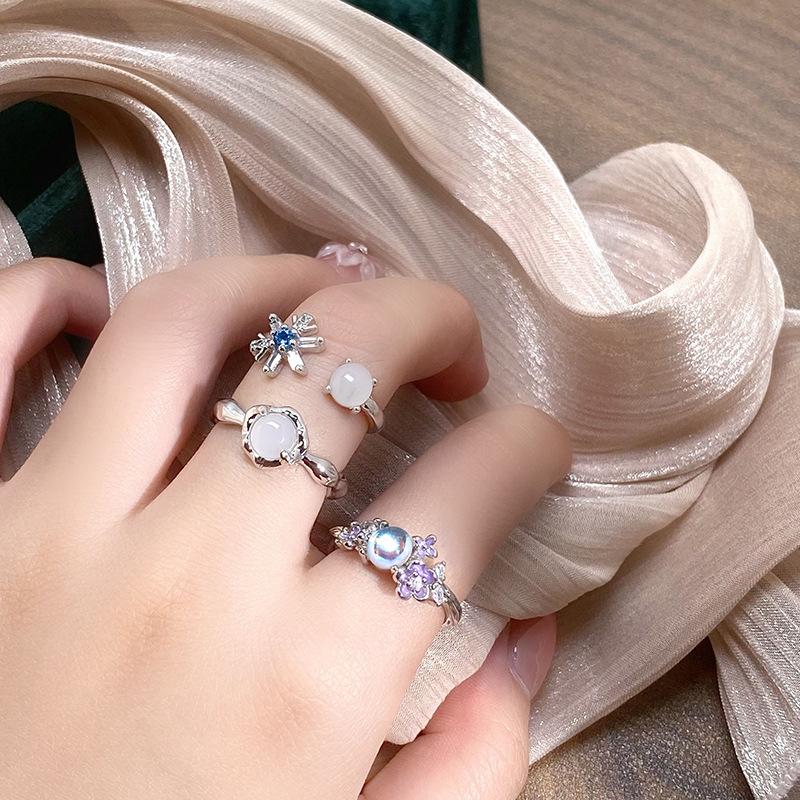 Cold Moonstone Snowflake Opening Ring Niche High-End Women'S Fashion Personality Light Luxury Ring