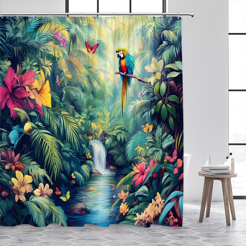 Tropical Jungle Parrot Shower Curtains Green Plant Leaves Flowers Birds Rainforest Scenery Polyester Home Bathroom Curtain Decor