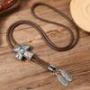 Men's Rodeos Western Leather Cord Bolo Tie Antique Floral Stone Jewelry Cowboy Necktie Necklace with Feathered Pendant
