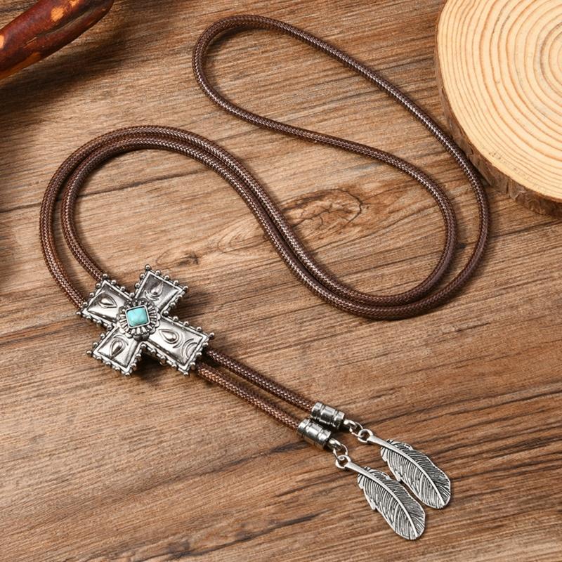Men's Rodeos Western Leather Cord Bolo Tie Antique Floral Stone Jewelry Cowboy Necktie Necklace with Feathered Pendant
