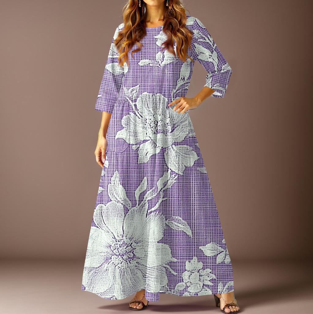 Women's Casual Fashion Vintage Floral Print Three-quarter Sleeve Long Dress With Pockets