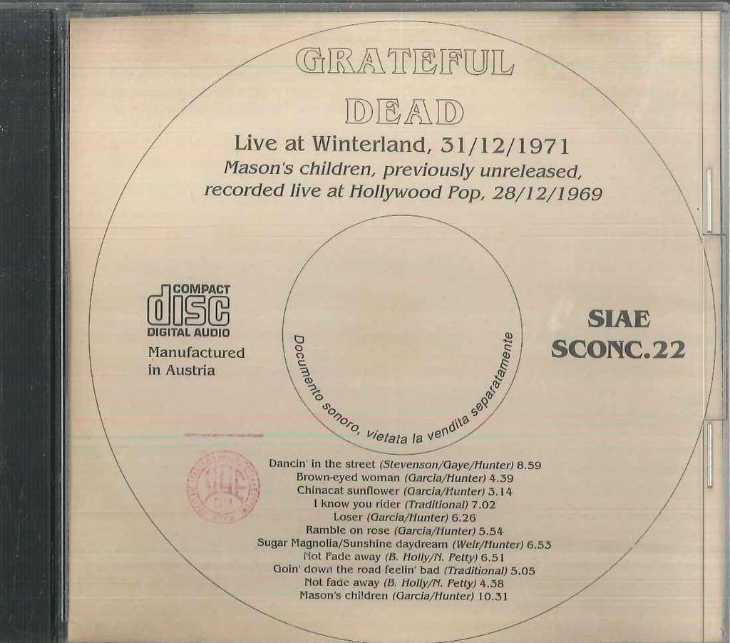 CD GRATEFUL DEAD - Live At Winterland 31/12/1971 SCONC22 STAMPA ALTERNAT 1992 Italy Rock Used