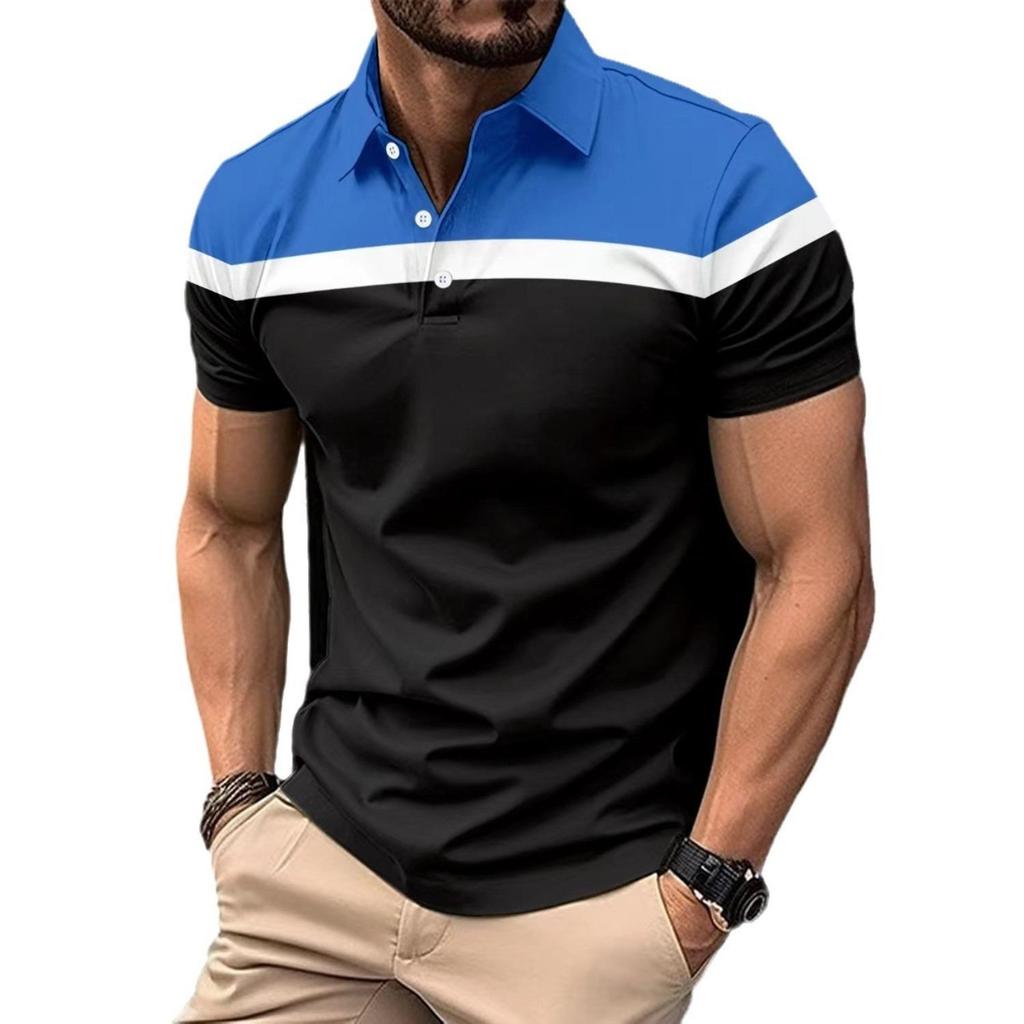 Fashion Men's Casual POLO Shirt Lapel Button Down Business Stripe Colour Block T-Shirt Tops