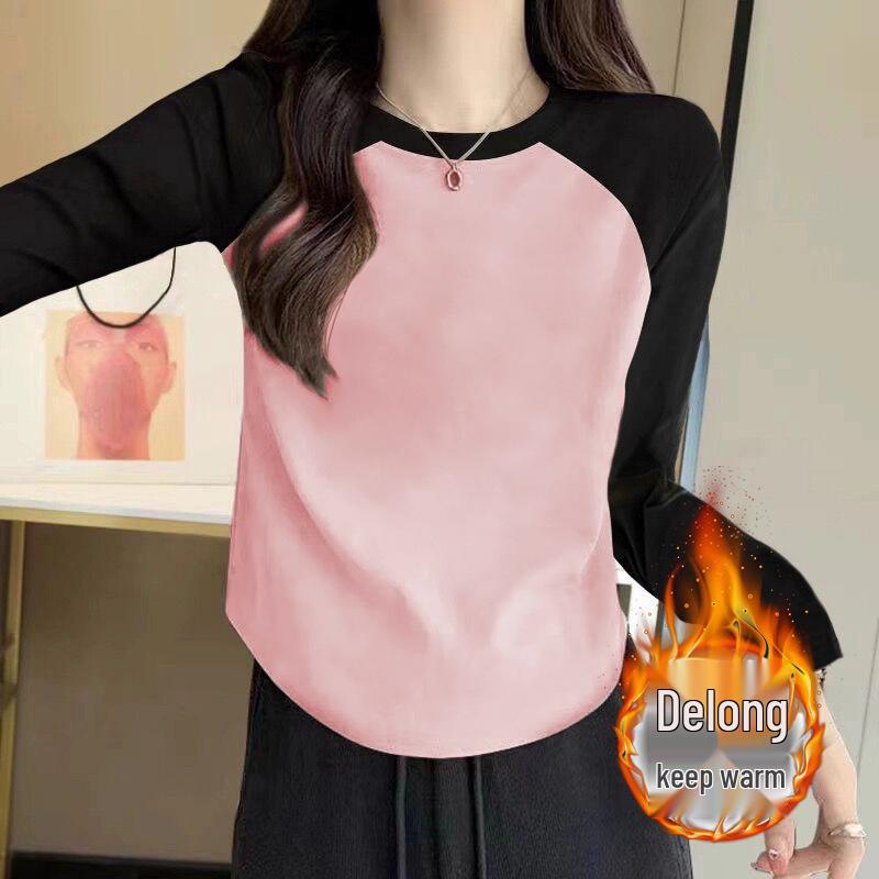 

2024 A/W Curved Hem Petite Raglan Double-Sided Velvet Long-Sleeve Women s Chic Base Layer Top L розовый