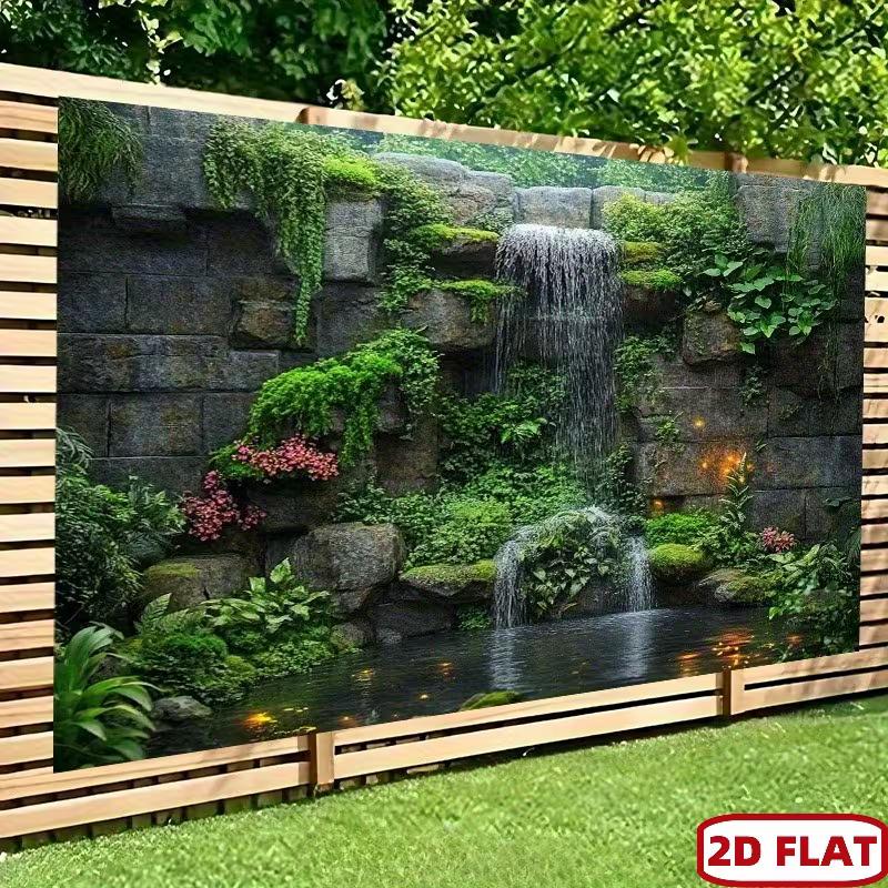 Stone Waterfall Forest Tapestry, Moss & Greenery Background Cloth, Calming Nature Wall Decor