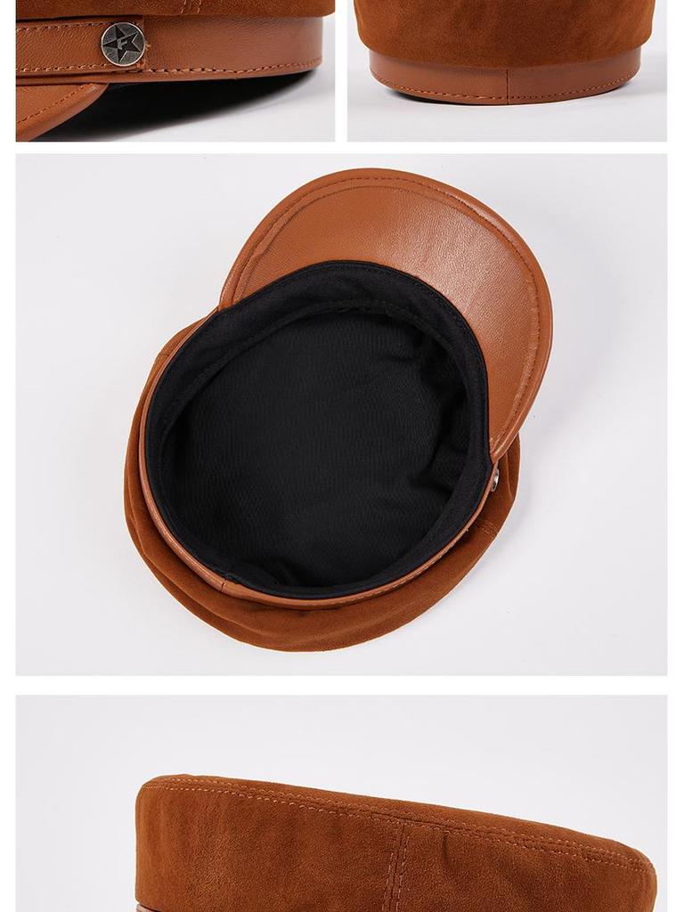 Korean Style Unisex Lambskin Flat Top Hat - Genuine Leather, Trendy, Youth Student Design, Casual, Face-Slimming Look