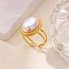 Vintage exaggerated fashion pattern inlaid with pearls geometric oval stainless steel ring women's versatile personality ring