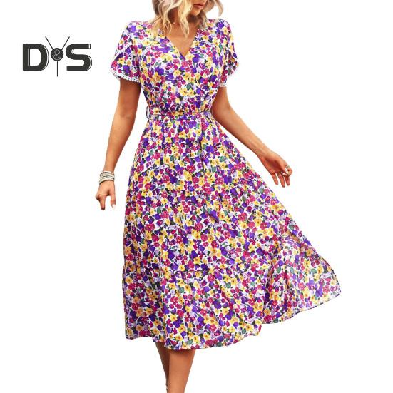 Women Summer Dress Flower Print A Line Loose Hem Patchwork Short Sleeves Irregular Short Sleeve Split Hem Lace Up High Waist Lady Midi Dress