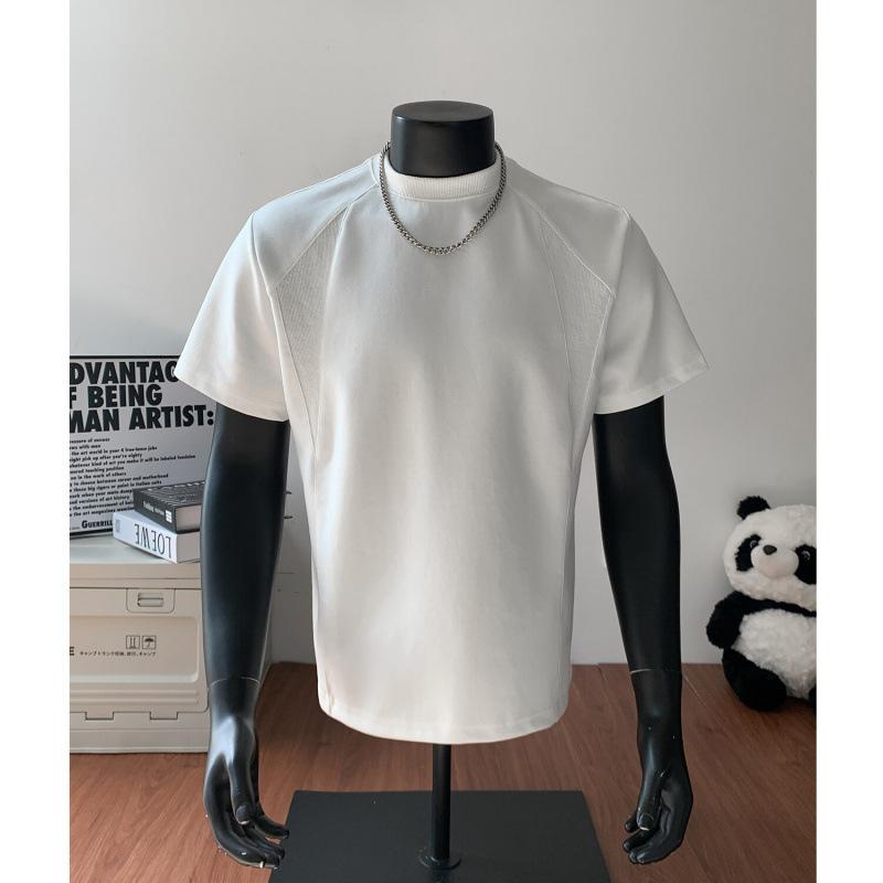 American Short-sleeved Retro Small Collar Tops Threaded Patchwork T-shirt for Men Tees