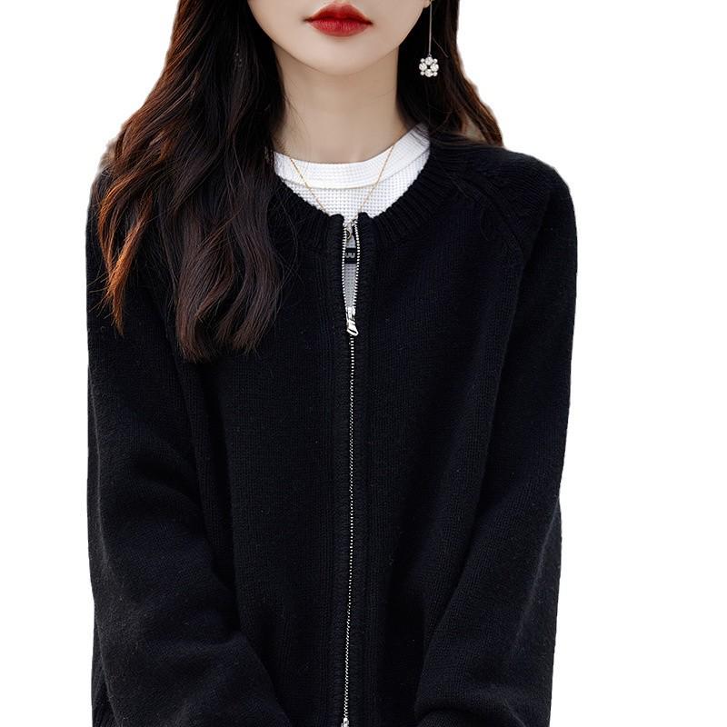 Women's 100% Wool Round Neck Knit Cardigan - Double Zipper, Solid Color, Loose Fit, Casual Fashion, Short Length