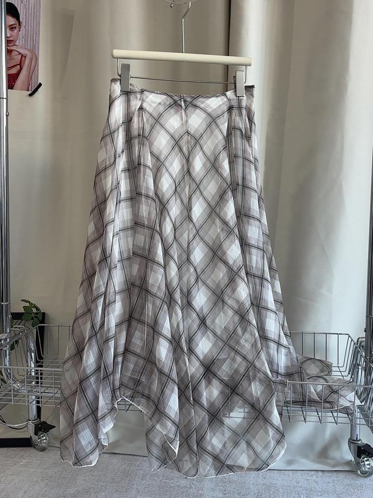 Plaid Asymmetrical Draped Chiffon Midi Skirt with Irregular Hem