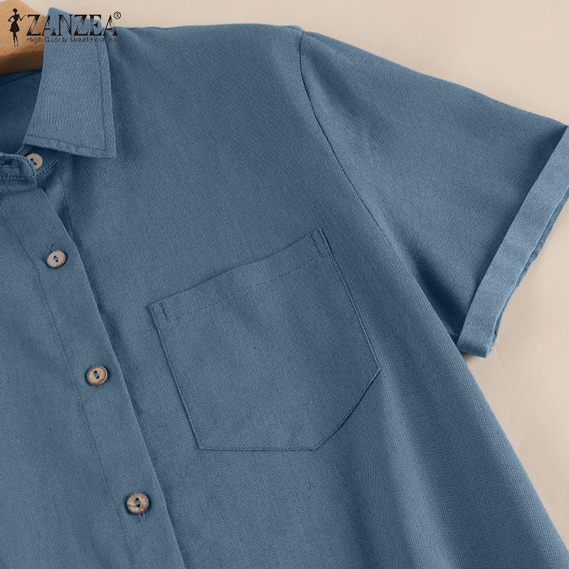 ZANZEA Damen Kurzarm Revers Einfarbig Denim Midi Kleider