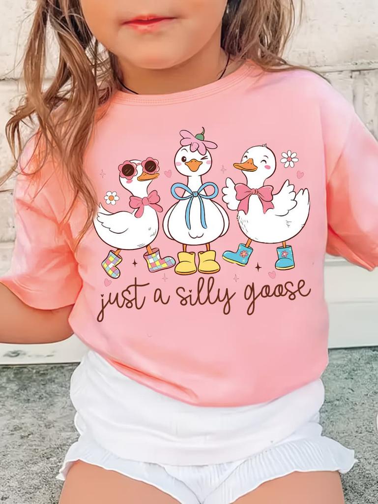 Just a Silly Little Goose Bow Print T-Shirt for Girls Summer Cartoon Graphic Short Sleeve T-Shirts Outdoor Causal Girls Clothing