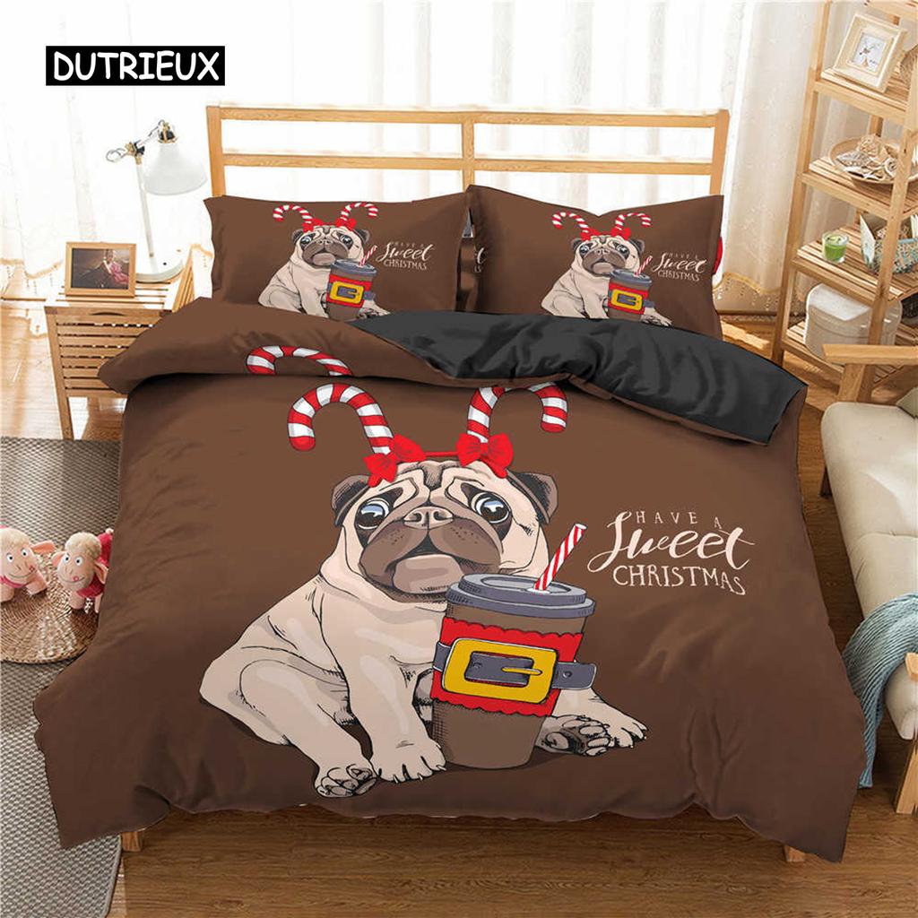 Pug Duvet Cover Set Pet Dog with Flower Bedding Set Animal Theme for Kids Teens Boy Cute Pug Dog King Size Polyester Quilt Cover