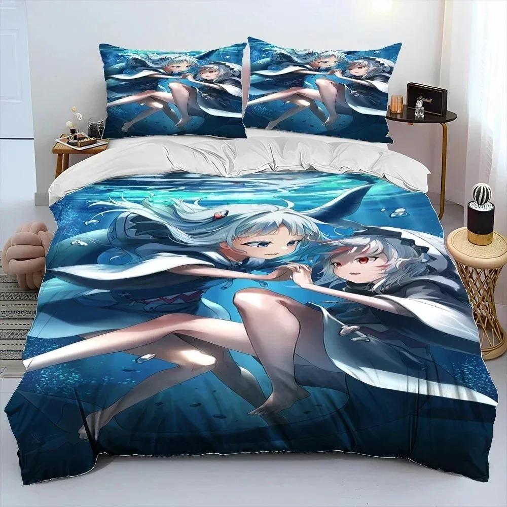Cute Gawr Gura Hololive Anime Shark Comforter Bedding CollectionDuvet Cover Bed Collection Quilt Cover PillowcaseKing Queen Size Bedding Collection