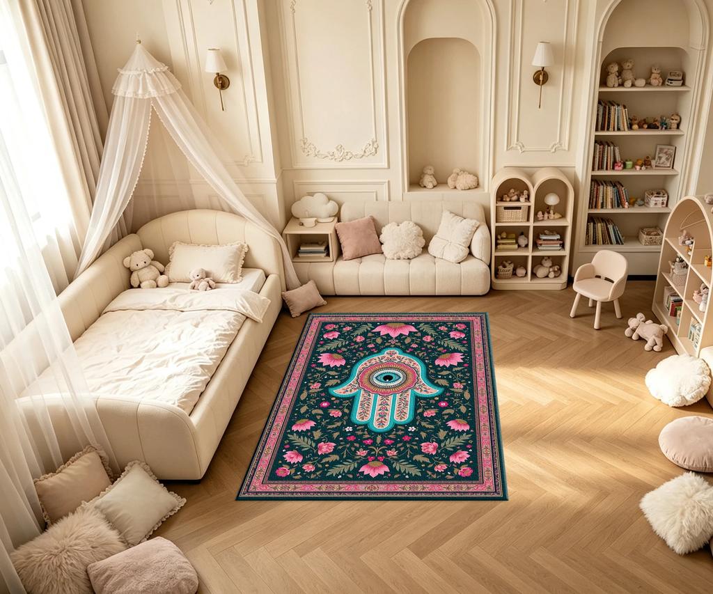 Hamsa Hand Evil Eye Floral Carpet Flooring Boho Oriental Vintage Framed Art Printed Square Floor Rug for Household Space Decorat