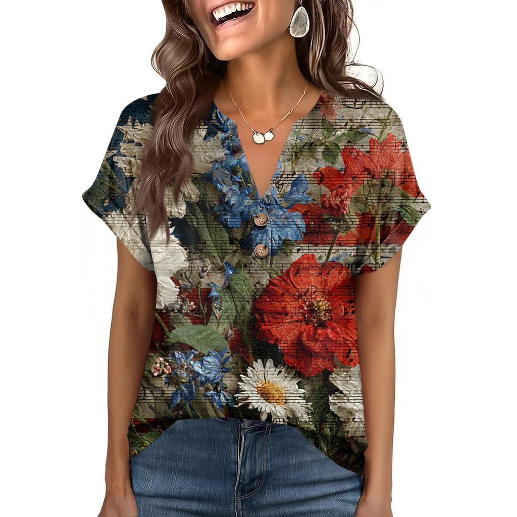 Women's Fashionable Casual Loose-Fit Short-Sleeved Button-Up V-Neck Printed T-Shirt Top