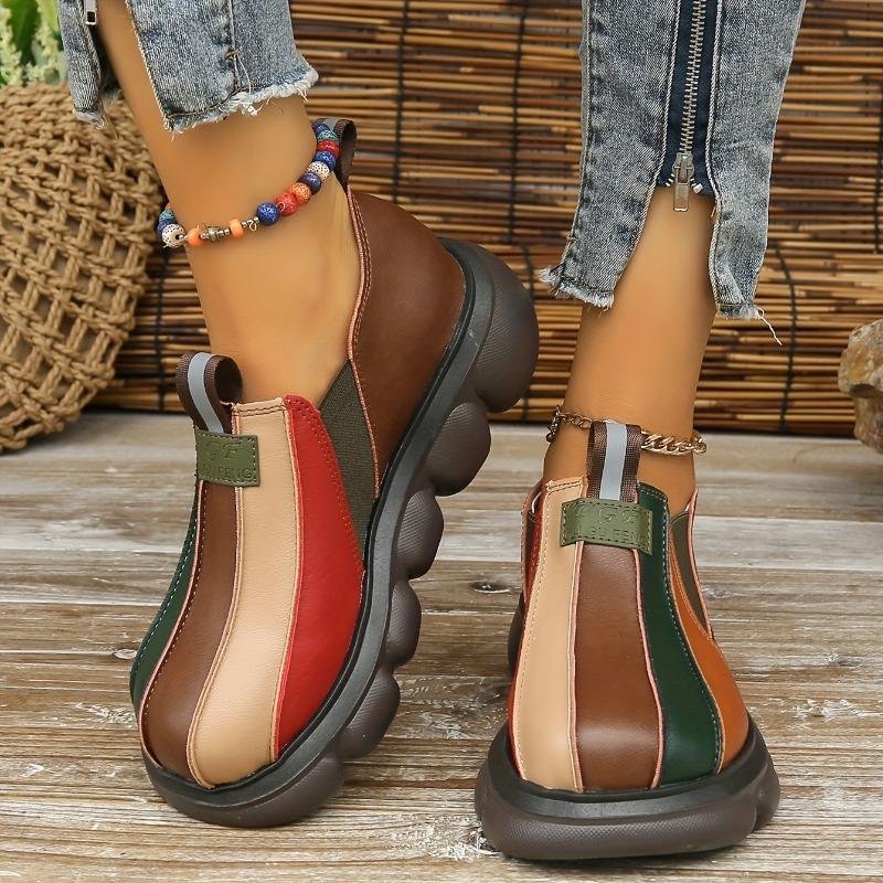 Stylish Women's Multicolor Patchwork Loafers - Comfortable Slip-On, Thick Sole, Round Toe, Faux Cover Casual Shoes for All Seasons, Dressy Shoes