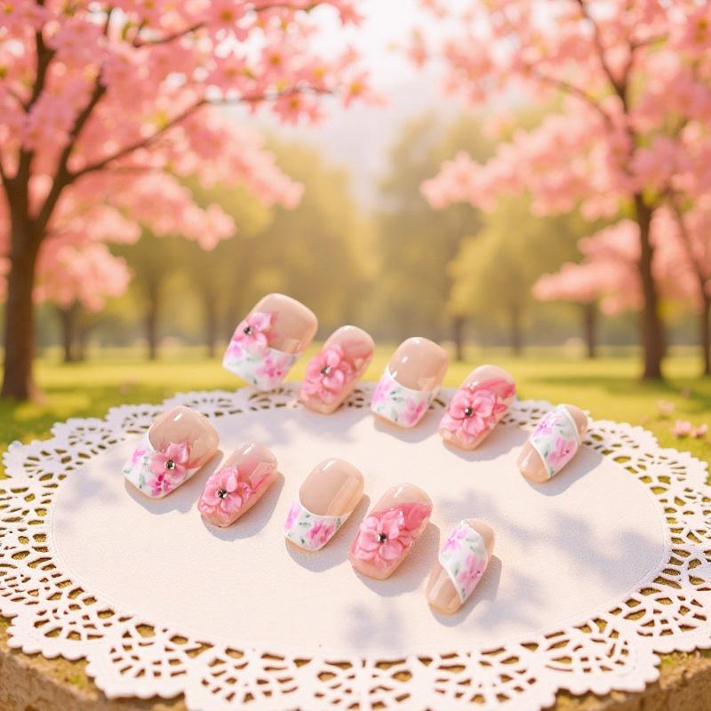 Pure Handmade 3D Carved Floral Pink White French Manicure False Nails No