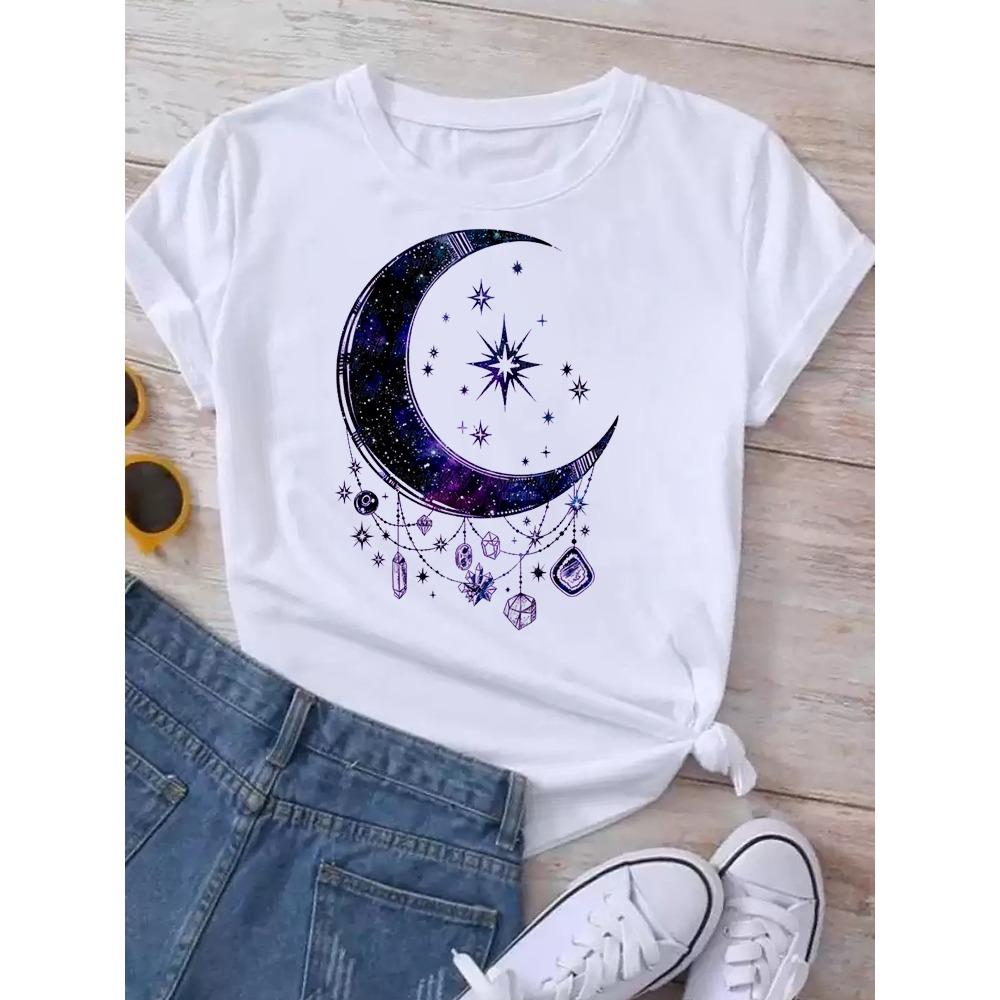 Maycaur T-shirt Dames Maan Planeet Print Mode T-shirts Casual Ronde Hals Korte Mouw Streetwear Dames T-shirt Vintage Tops