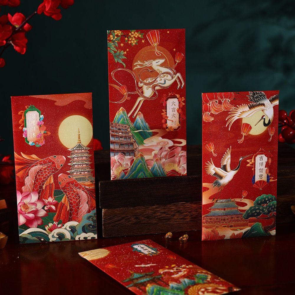 6pcs Traditional New Year Red Envelopes Hongbao Good Luck Red Pocket Money Packet  Bonus