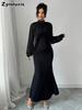 Women's Elegant Stand Collar Mesh Lace Crushed Diamond Long Sleeve Ruched Waist Tailored Evening Gown Dress