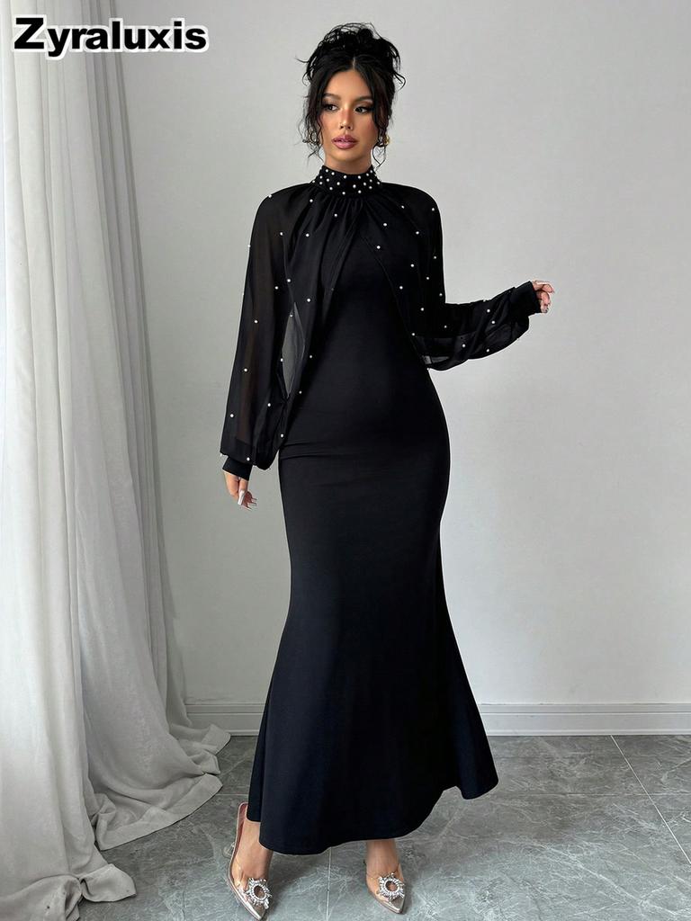 Women's Elegant Stand Collar Mesh Lace Crushed Diamond Long Sleeve Ruched Waist Tailored Evening Gown Dress