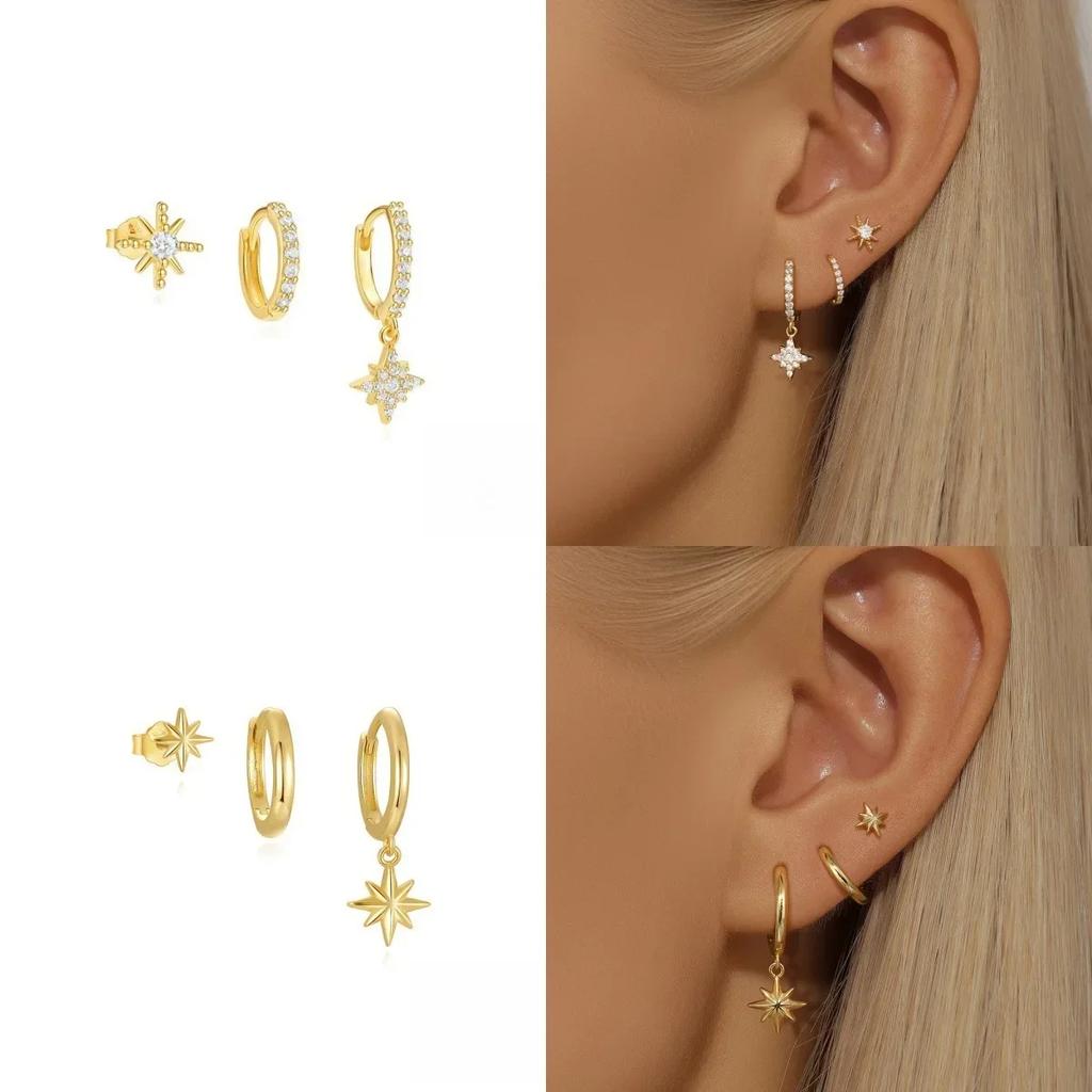 3 Piece Fashion Stainless Steel Round Star Drop Earrings Set for Women Gold Plated Dangle Earring Punk Unisex Rock Jewelry