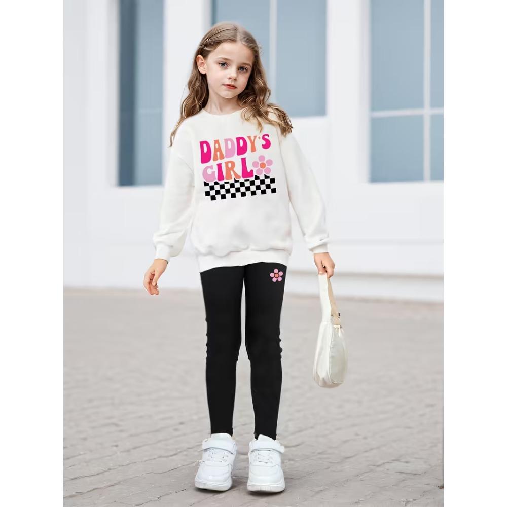Girls' Letter Graphic Casual Comfortable Soft Loose Pullover Sweatshirt and Leggings 2-Piece Set, New Autumn/Winter, Playful, Sweet and Cool Style