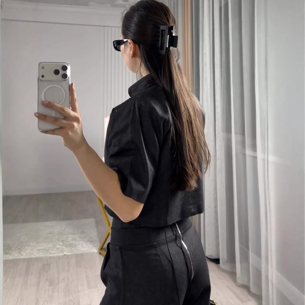 2026 Autumn New European and American Women's Clothing Cross-border Black Button Decorative Waist Suit Set Wide Leg Pants Two-piece Set