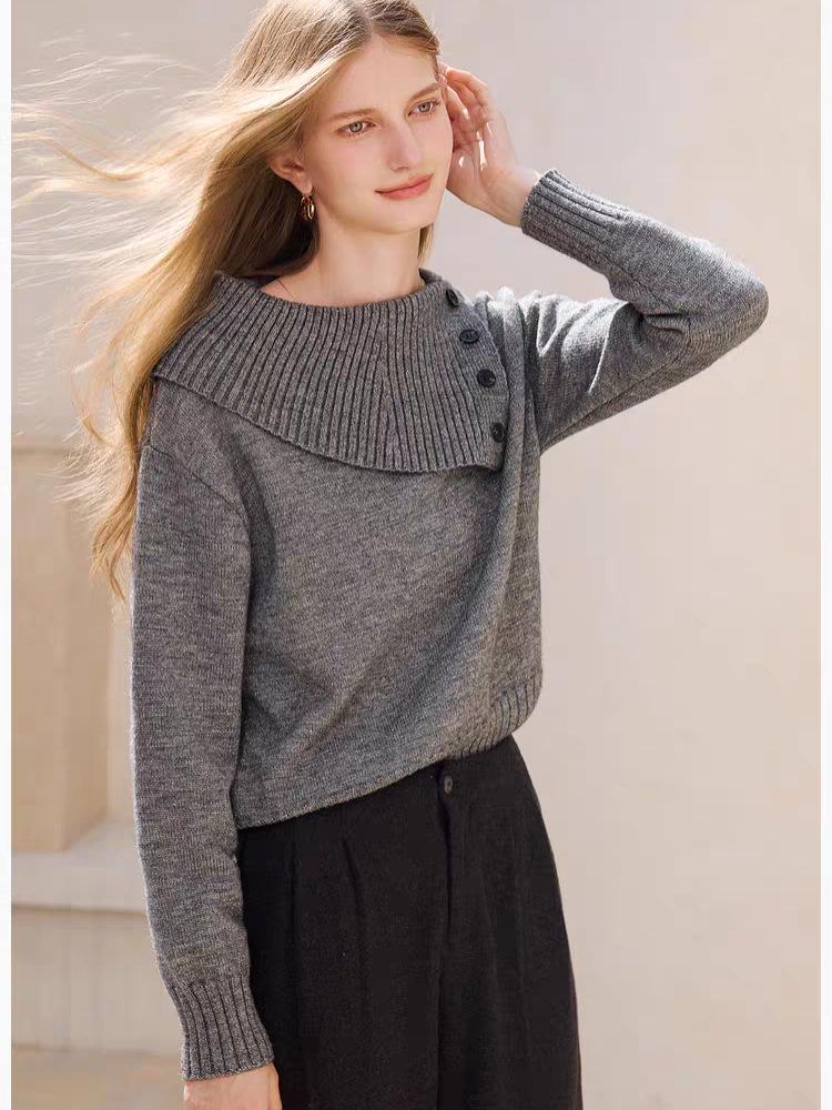 Women's 100% Pure Wool Asymmetrical Lapel Pullover Sweater - Thickened Knitwear for Autumn & Winter