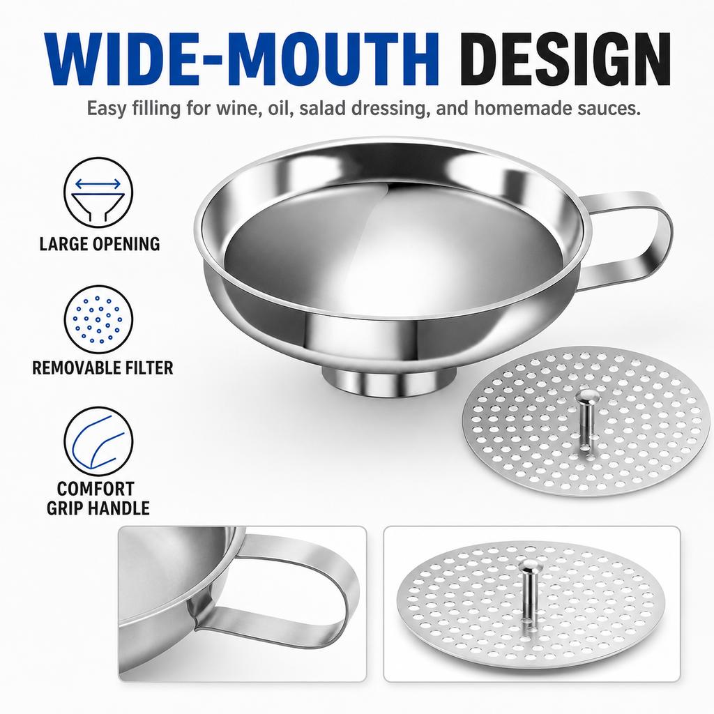 2/3 Pack Kitchen Canning Funnels Set with Strainer Stainless Steel Wide Mouth Canning Funnels for Filling Bottle Mason Jars