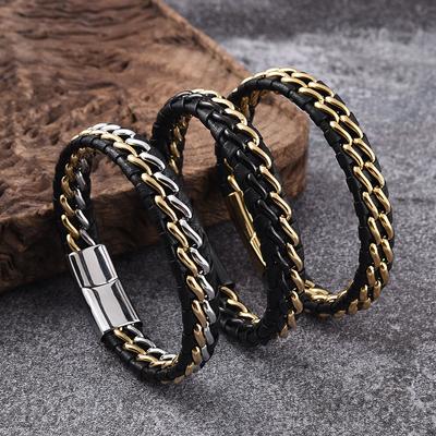 Cross Border Trendy Jewelry Stainless Steel Chain Black Gold Leather Bracelet, Personalized Retro Punk Men's Bracelet