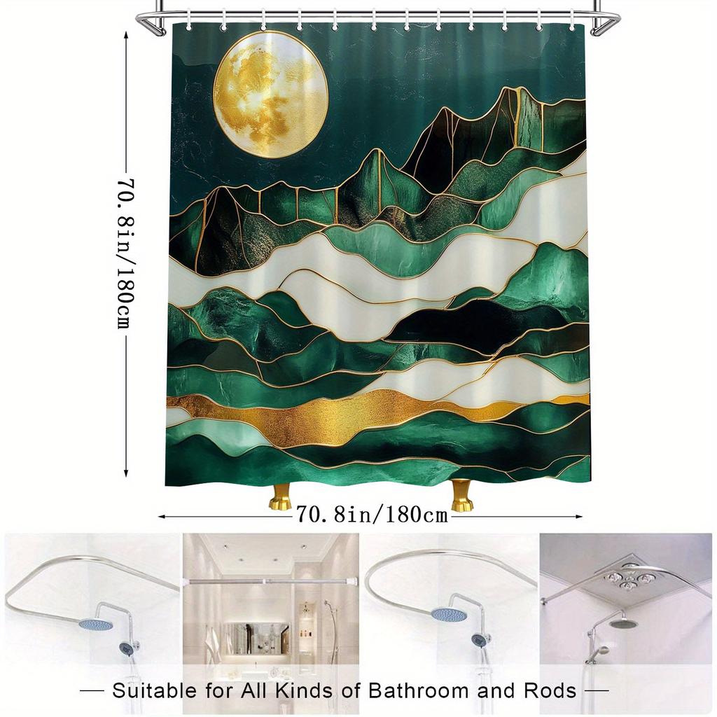 Mountain Moon Art Shower Curtain - Modern Abstract, Dark Teal & Green Geometric Patterns, Polyester, , Artistic Bathroom Decor