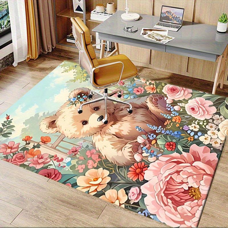 Office Carpet Cute Teddy Bear with Flowers Sofa Rug, Chair Mat Protection