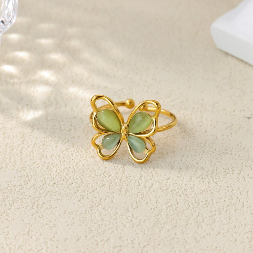 Stainless Steel Tiny Butterfly Opening Rings Women Vintage Turquoise Geometric Flower Anillos Gold Color Jewelry Christmas Gift