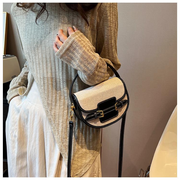 Trendy Canvas Contrasting Color Hand-held Saddle Bag, Niche High-end Sense, One Shoulder Crossbody Bag, Versatile