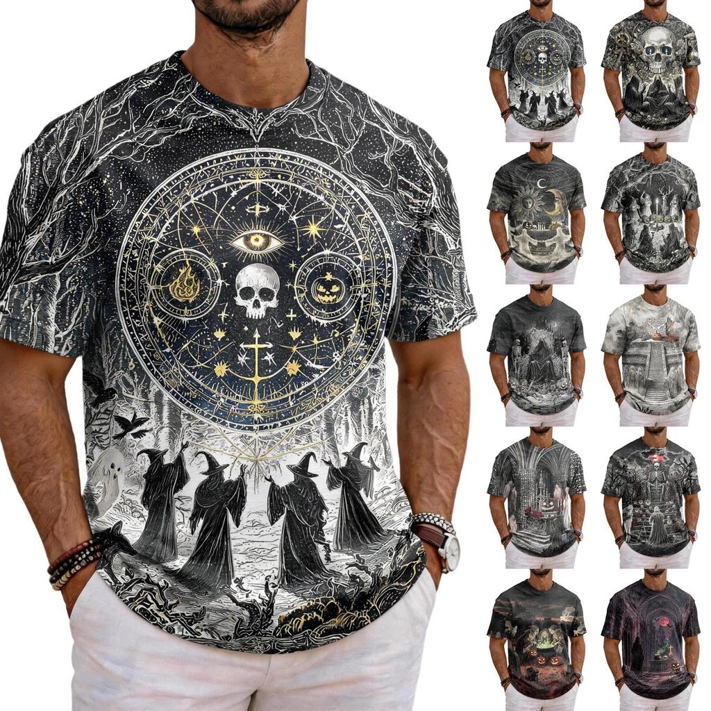 Men's Halloween Neck Short Sleeve T-Shirt with Graphic Print for Costume Party