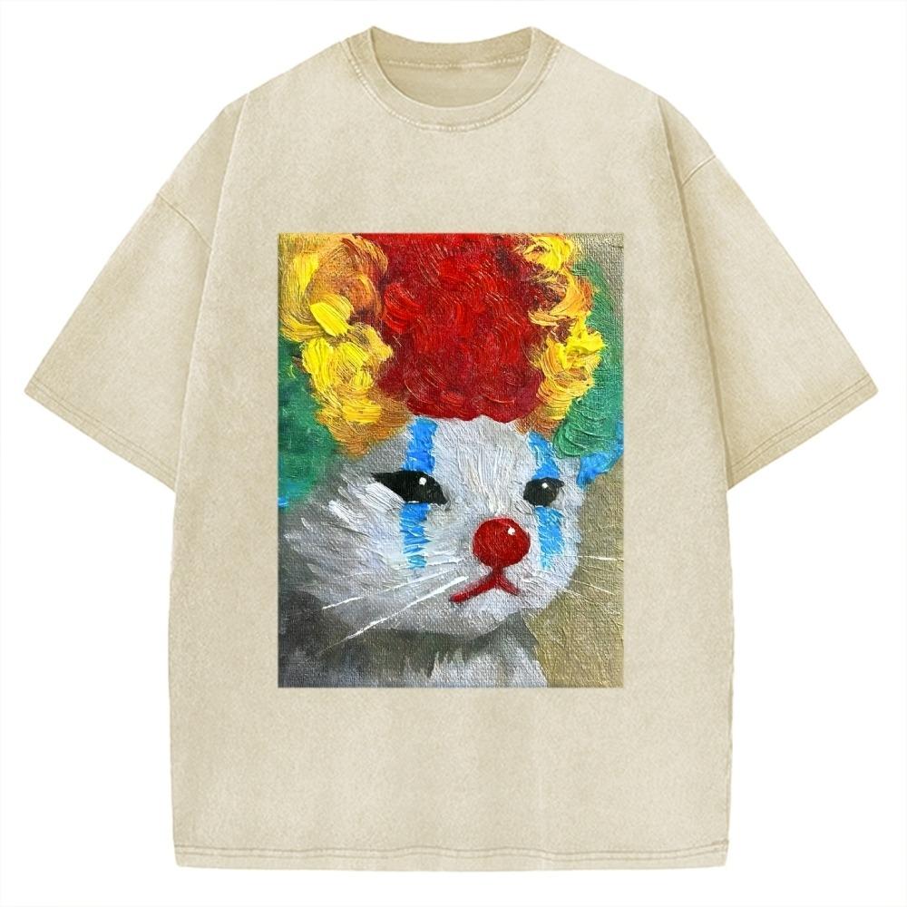 Artistic Clown Cat Print T-Shirt Oversized Vintage Washed Heavyweight 100% Cotton Streetwear Top Summer Holiday Men Clothes