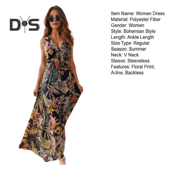 Women Vacation Dress Sleeveless V Neck Backless Floral Printing High Waist Drawstring Beach Dress Bohemian Style Maxi Dress