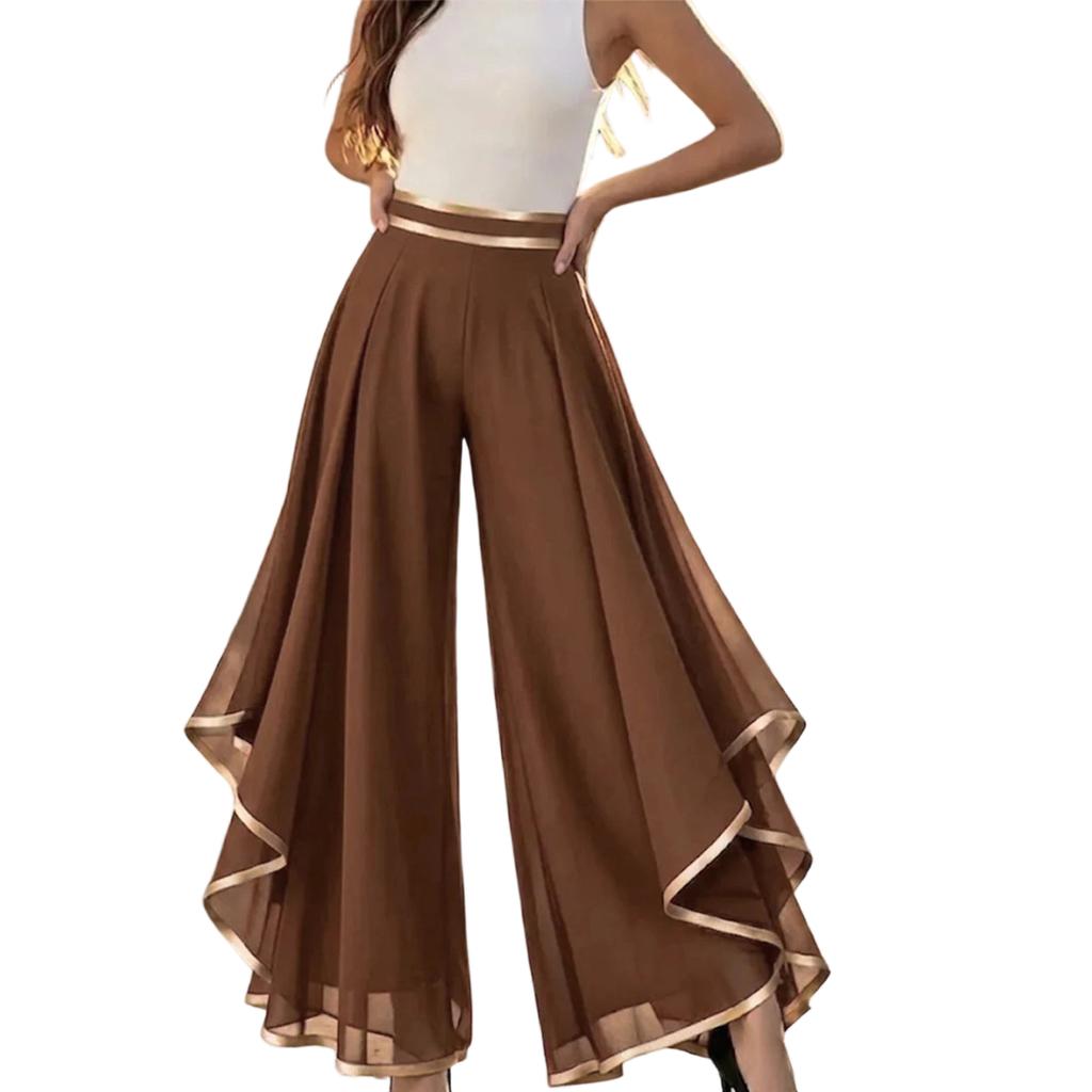 High Waist Wide Leg Pants Layered Chiffon Trousers with Contrast Trim and Casual Loose Fit for Women