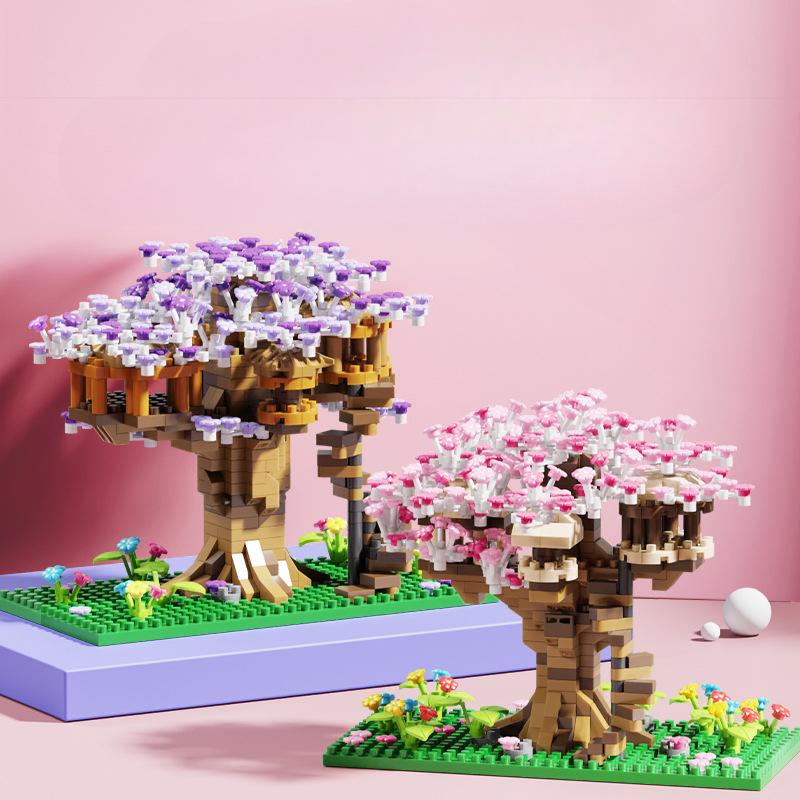 Blocuri de construcție casă în copac cu flori de cireș roz, blocuri de construcție cu microparticule, jucărie puzzle de asamblare pentru copii, compatibilă cu fete