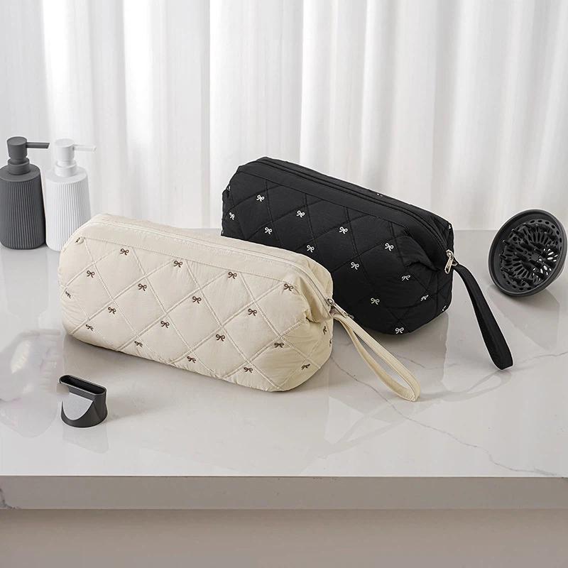 1Pc Women Hair Dryer Storage Bag For Travel Cute Bow Embroidery Quilted Hair Tools Waterproof Zipper Cosmetic Bags