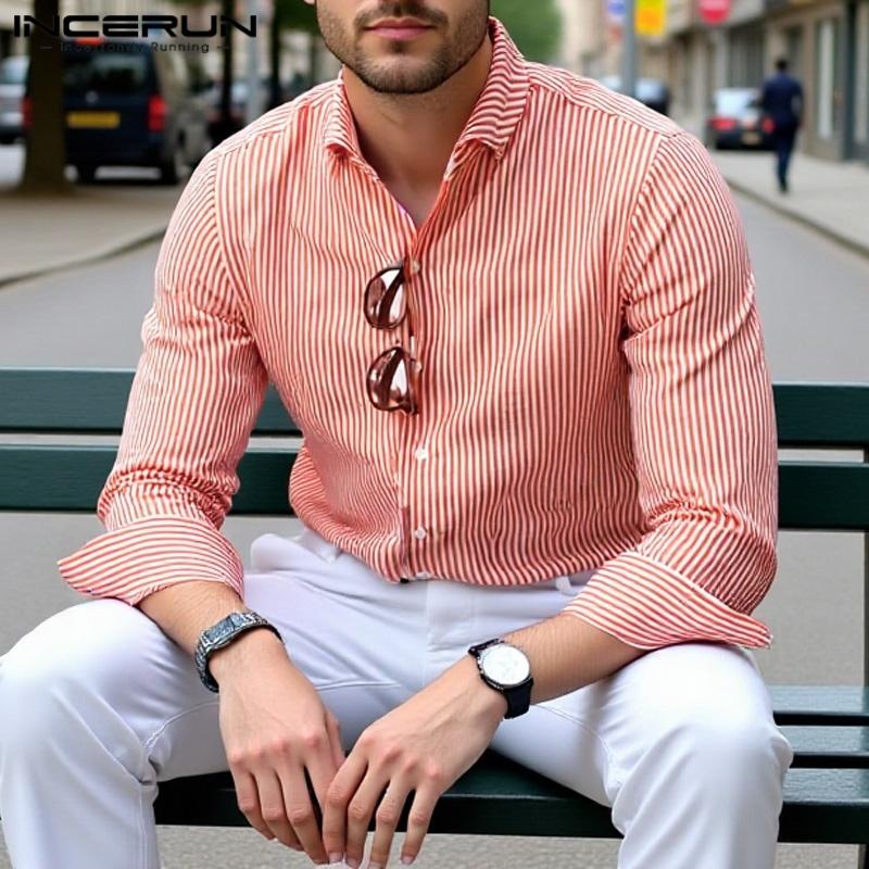 INCERUN Men Lapel Long Sleeve Striped Print Shirts Semi-Sheer Texture Tops
