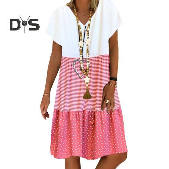 

Женское летнее платье с цветными блоками и V-образным вырезом, короткими рукавами, свободным цифровым принтом, плиссированное платье-трапеция для свиданий, на каждый день S розовый