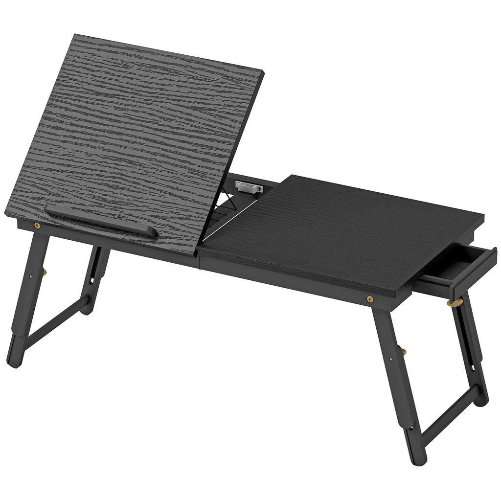 Foldable and adjustable bed table, bamboo laptop bed tray tilting top 83.5x33x34cm black